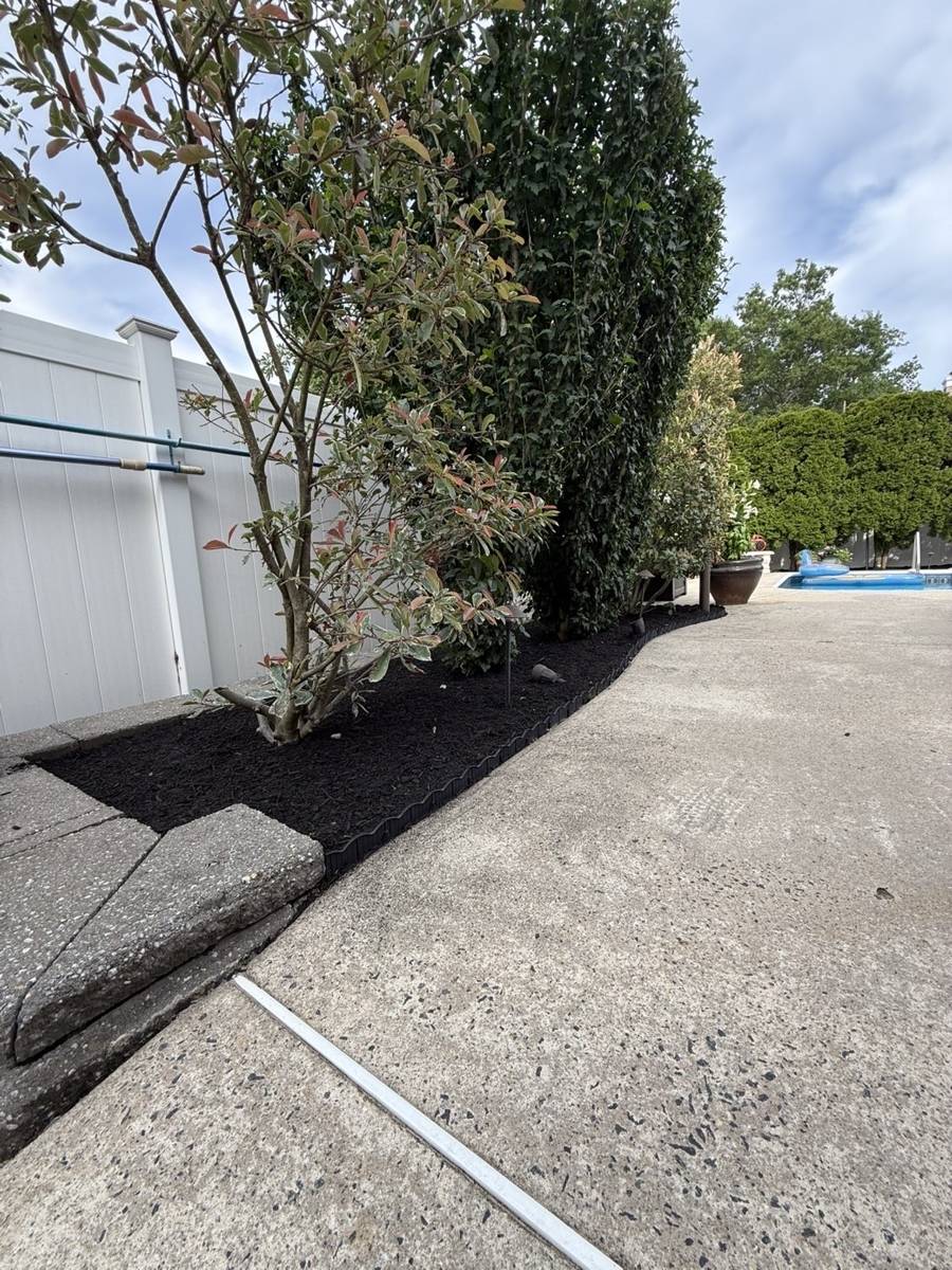 Poolside planting bed with new mulch and flexible edging along concrete